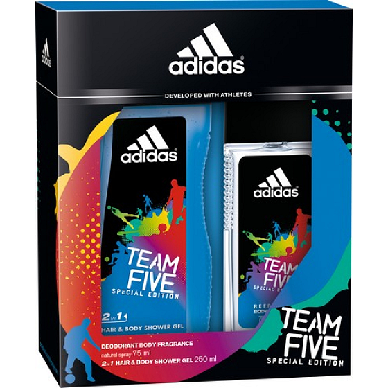 Adidas Team Five parfumovaný deodorant sklo pre mužov 75 ml + sprchový gél 250 ml, kozmetická sada