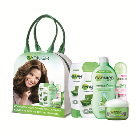 Garnier Kompletná starostlivosť denný krém + deo + telové mlieko + šampón + balzam, kozmetická sada