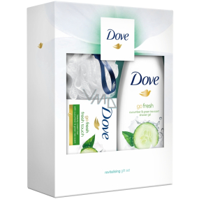 Dove Uhorka & Zelený čaj sprchový gél pre ženy 250 ml + Fresh Touch toaletné mydlo 100 g + luxusné sprchová huba, kozmetická sada