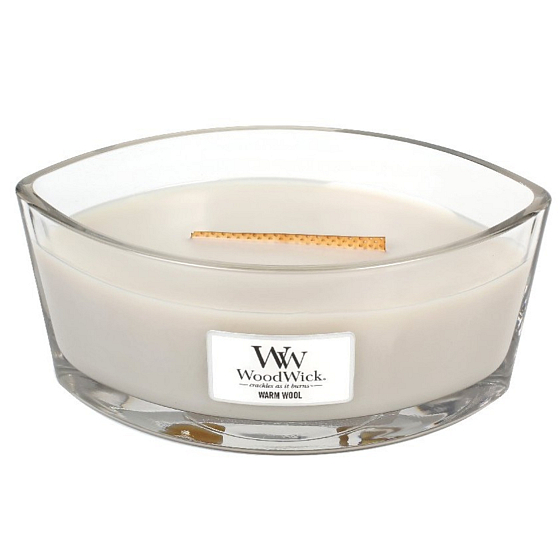 Woodwick Warm Wool - Hrejivá vlna vonná sviečka s dreveným širokým knôtom a viečkom loď 453 g