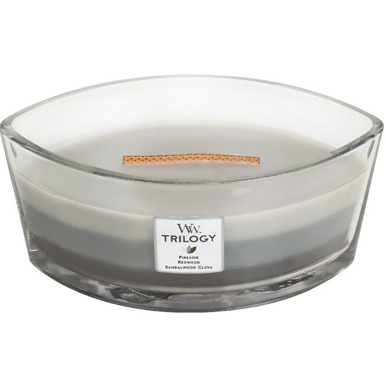 Woodwick Trilogy Warm Woods - Hrejivé drevo vonná sviečka s dreveným širokým knôtom a viečkom sklo loď 453 g