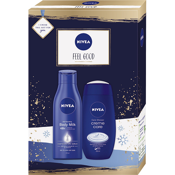 Nivea Feel Good výživné telové mlieko 250 ml + sprchový gél 250 ml, kozmetická súprava pre ženy