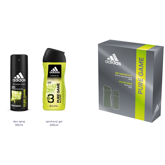 Adidas Pure Game dezodorant sprej pre mužov 150 ml + 3v1 sprchový gél na telo, tvár a vlasy 250 ml, kozmetická sada