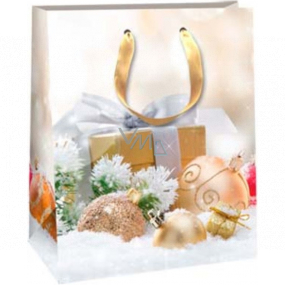 Ditipo Darčeková papierová taška 26,4 x 13,6 x 32,7 cm Glitter Vianočné svetlá - zlatý darček a banky