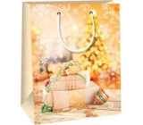 Ditipo Darčeková papierová taška 18 x 10 x 22,7 cm Vianočné zlatá - darčeky, svietiace stromček