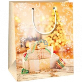 Ditipo Darčeková papierová taška 18 x 10 x 22,7 cm Vianočné zlatá - darčeky, svietiace stromček