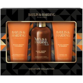 Baylis & Harding Men sprchový gél s čiernym korením a ženšenom 200 ml + balzam po holení 200 ml + prípravok na umývanie tela a vlasov 300 ml, kozmetická súprava pre mužov