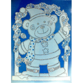 Okenné fólie bez lepidla medveď strieborné glitrami oblúk 30 x 20 cm