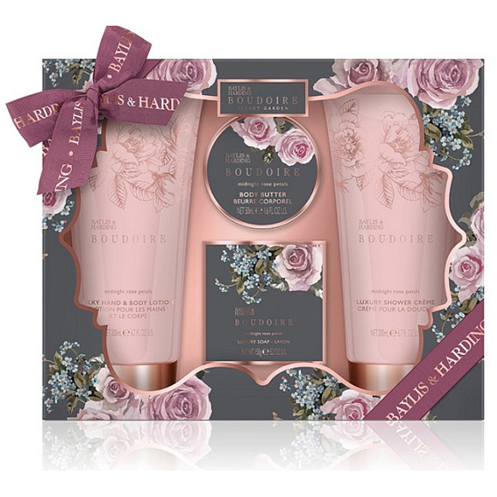 Baylis & Harding Okvetné lístky ruže mlieko na telo a ruky 200 ml + sprchový krém 200 ml + mydlo 150 g + telové maslo 50 ml starostlivosť o telo darčeková sada