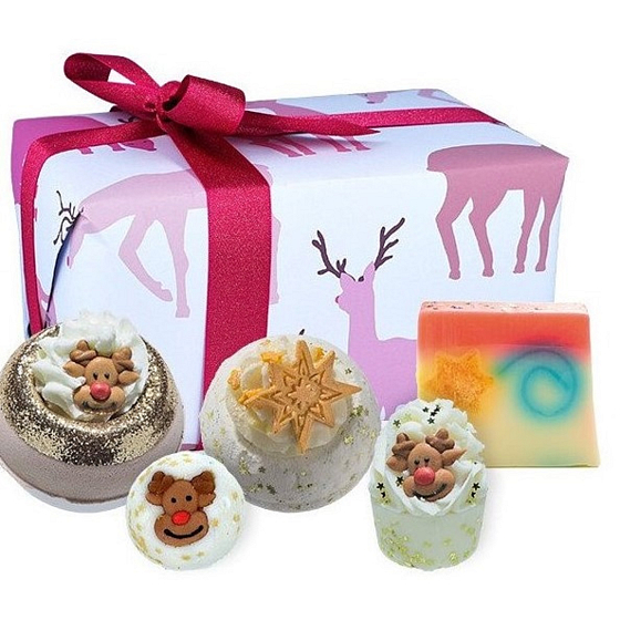 Bomb Cosmetics Rudolph Nose Nest šumivý balistik do kúpeľa 2 x 160 g + glycerínové mydlo 100 g + maslová guľôčka 30 g + špalíček do kúpeľa 50 g, kozmetická sada