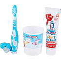 Aquafresh Dent de Lait zubná pasta 50 ml + kefka + kelímok, modrý set pre deti