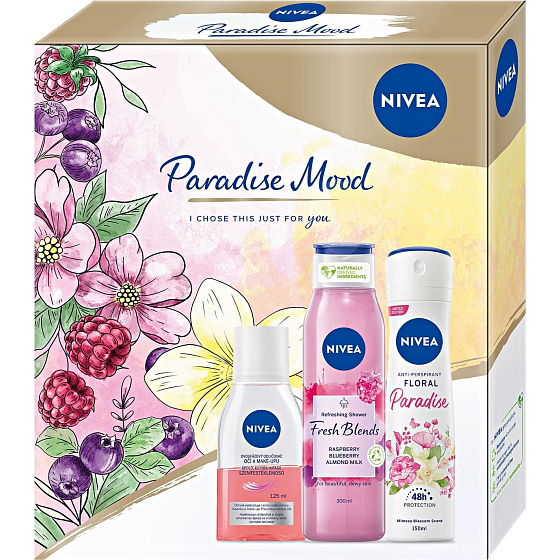 Nivea Paradise Mood sprchový gél 300 ml + dezodorant sprej 150 ml + odličovač očí 125 ml, kozmetická súprava pre ženy