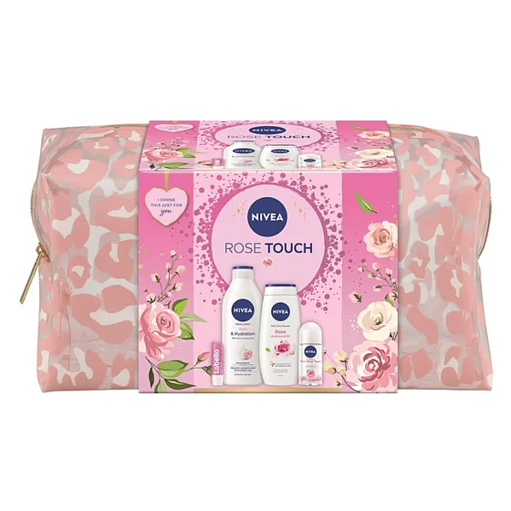 Nivea Rose Touch Rose & Hydration telové mlieko 400 ml + Nivea Rose & Almond Oil sprchový gél 250 ml + Nivea Fresh Rose Touch roll-on antiperspirant 50 ml + Labello Soft Rosé balzam na pery 4,8 g + kozmetická etue, kozmetická sada pre ženy