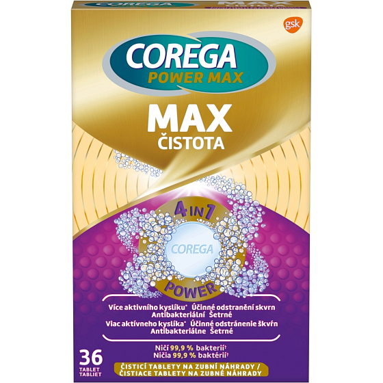Corega Power Max Max Čistota tablety na čistenie zubných náhrad, 36 ks