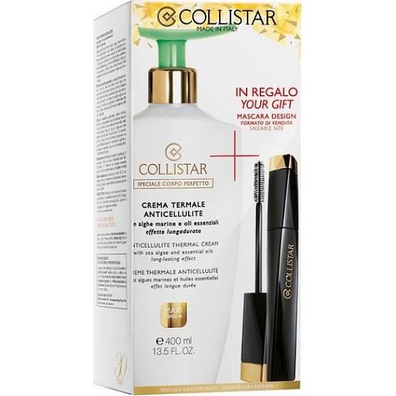 Collistar Anticellulite Thermal Cream termálne krém proti celulitíde 400 ml + Design riasenka čierna 11 ml, ksmetická sada
