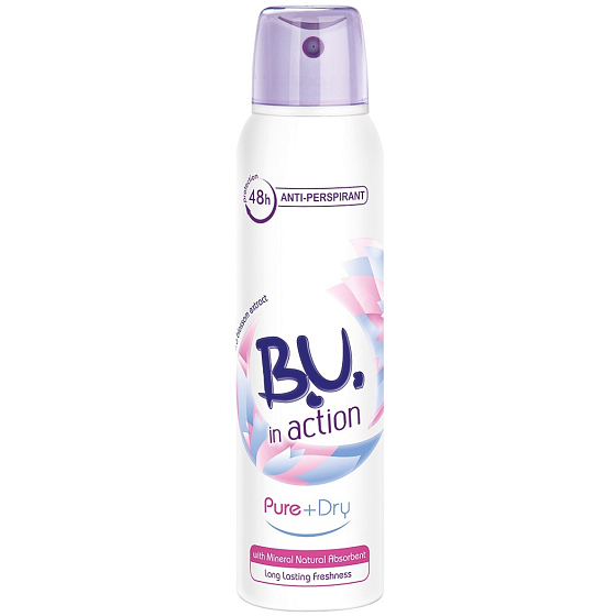 BU In Action Pure + Dry antiperspirant dezodorant sprej pre ženy 150 ml