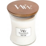 Woodwick White Teak - Biely teak vonná sviečka s dreveným knôtom a viečkom sklo stredná 275 g