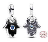 Strieborný prívesok 925 Hand of Fatima, Hamsa - Mini medailón s hviezdnym modrým kryštálom a čiernym smaltom, prívesok na náramok symbol