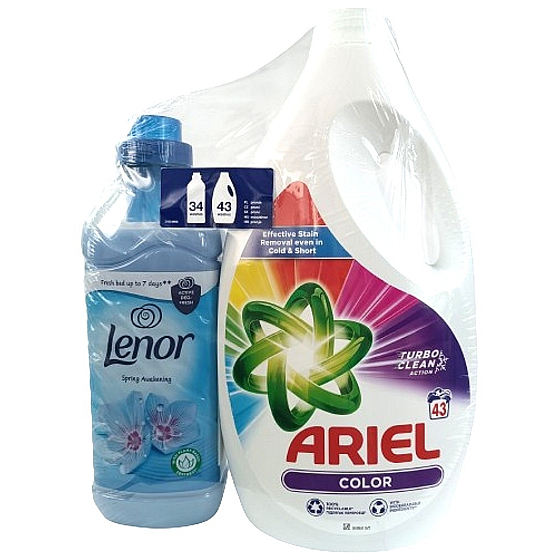 Univerzálny prací gél Ariel Color 43 dávok + zmäkčovadlo Lenor Spring Swakening 34 dávok, duopack