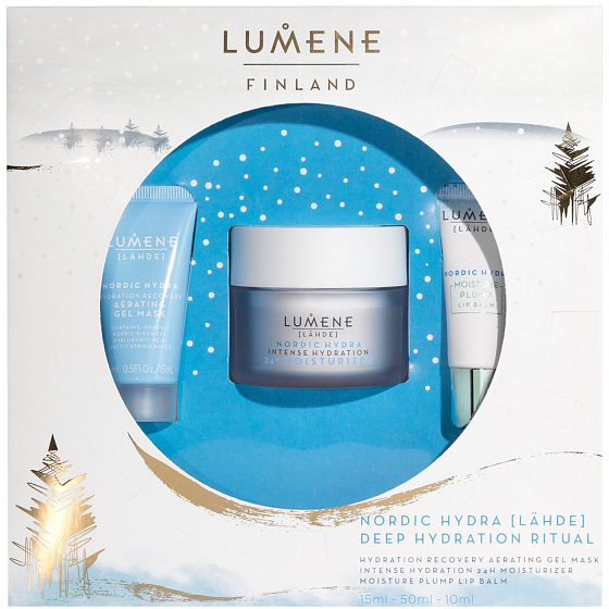Lumene Lahde Nordic Hydra Deep hydratačný denný krém 50 ml + gélová pleťová maska 15 ml + hydratačný balzam na pery 10 ml, kozmetická sada