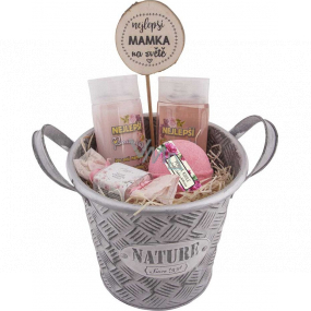 Bohemia Gifts Pre mamičku Šípka a kvety ruže sprchový gél 200 ml + šampón na vlasy 200 ml + šumivá bomba 100 g + toaletné mydlo 30 g + drevený zápich + plechová ošatka, kozmetická sada