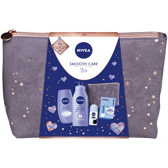 Nivea Smooth Care telové mlieko pre ženy 400 ml + sprchový gél 250 ml + Black & White Pure antiperspirant roll-on pre ženy 50 ml + Labello Hydro Care balzam na pery 4,8 g + etue, kozmetická sada