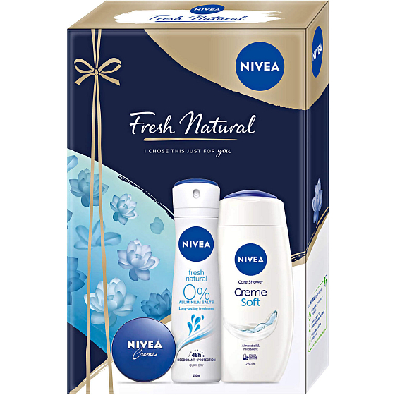 Nivea Fresh Natural Creme Soft sprchový gél 250 ml + dezodorant sprej 150 ml + krém 30 ml, kozmetická sada