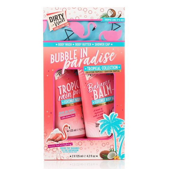 Dirty Works Bubble In Paradise sprchový gél 125 ml + telové mlieko 125 ml + kúpacie čiapky 1 kus, kozmetická sada
