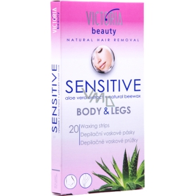Victoria Beauty Sensitive depilačné voskové pásiky na telo a nohy 20 kusov a obrúsky 2 kusy