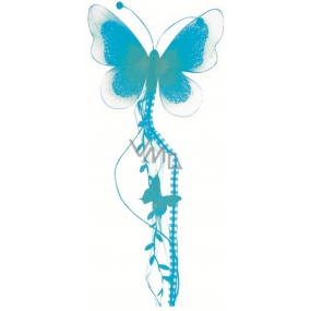 Motýľ sa silónovym krídlami a pierkom modrý 73 x 17 cm