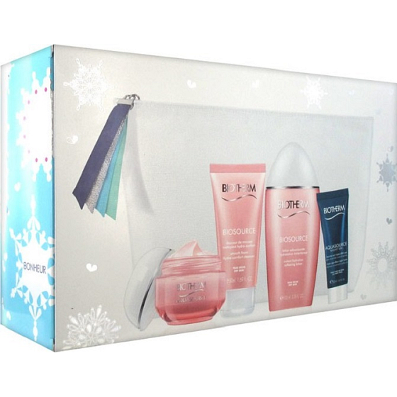 Biotherm Aquasource Hydration Cream 50 ml + Aquasource Night Balm 20 ml + Biosource Softening Lotion 100 ml + Biosource Smooth Foam 50 ml + kozmetická taštička, kozmetická sada