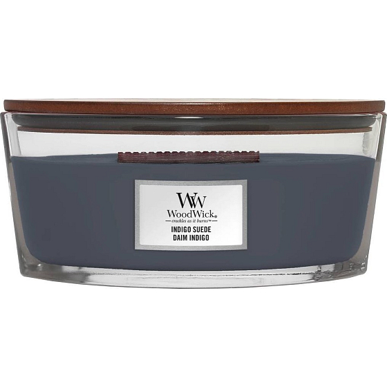 WoodWick Indigo Suede - Modrá semišová vonná sviečka s dreveným knôtom a skleneným viečkom 453 g