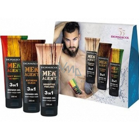 Dermacol Men Agent 3v1 Sensitive Feeling sprchový gél 250 ml + 3v1 Extreme Clean sprchový gél 250 ml + 3v1 Dont worry be happy sprchový gél, kozmetická sada pre mužov