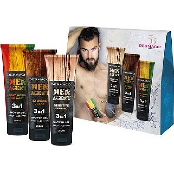 Dermacol Men Agent 3v1 Sensitive Feeling sprchový gél 250 ml + 3v1 Extreme Clean sprchový gél 250 ml + 3v1 Dont worry be happy sprchový gél, kozmetická sada pre mužov