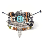 Kožený viacvrstvový náramok, hippie symbol + sova + fatimská ruka, nastaviteľná veľkosť