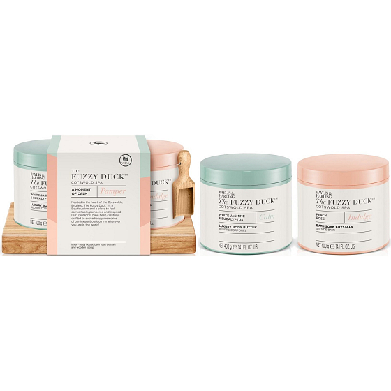 Baylis & Harding Cotswold Spa Kryštály do kúpeľa s jazmínom a eukalyptom, ružou a broskyňou 400 g + telové maslo 400 ml, kozmetická sada pre ženy