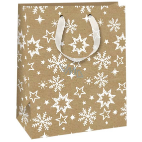 Ditipo Darčeková kraftová taška 18 x 10 x 22,7 cm Vianočná prírodná, biele snehové vločky a hviezdy