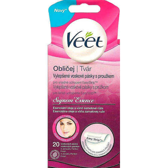 Veet Suprem Essence voskové pásiky s prúžkom tvár 20 kusov + obrúsky Perfect Finish 4 kusy