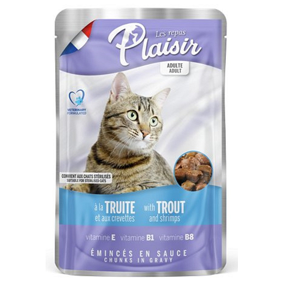 Plaisir Cat s pstruhom a krevetami kompletné krmivo pre mačky kapsička 100 g