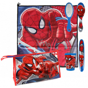 Marvel Spiderman Hygienický set plastový téglik, hrebeň na vlasy, držiak na zubnú kefku, uterák (40 x 40 cm) a taštičku