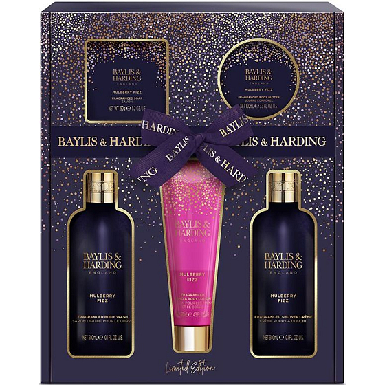 Baylis & Harding Mulberry prací gél 300 ml + sprchový krém 300 ml + telové mlieko a mlieko na ruky 130 ml + jemné mydlo 150 g + telové maslo 100 ml, kozmetická sada pre ženy