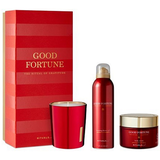 The Ritual Of Gratitude Good Fortune sprchová pena 200 ml + telový krém 220 ml + vonná sviečka 290 g, kozmetická sada pre ženy