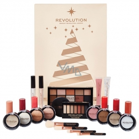 Makeup Revolution tiene, rozjasňovač, báza, bronzer, rúž, lesk na pery, kozmetický štetec, zrkadielko, Adventný kalendár kozmetická sada