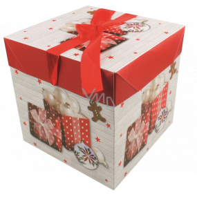 Darčeková krabička skladacia s mašľou Vianočné s darčekmi a perníčky 10,5 x 10,5 x 10,5 cm