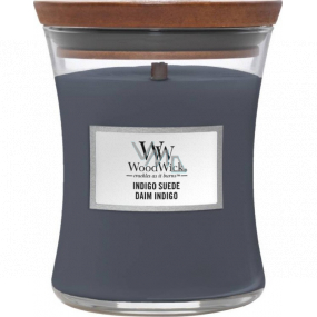WoodWick Indigo Suede - Modrá semišová vonná sviečka s dreveným knôtom a skleneným viečkom stredná 275 g