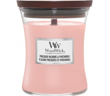 WoodWick Pressed Blooms & Patchouli vonná sviečka s dreveným knôtom a viečkom sklenená stredná 275 g