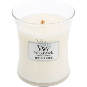 WoodWick White Tea & Jasmine - sviečka s vôňou bieleho čaju a jazmínu s dreveným knôtom a skleneným viečkom stredná 275 g