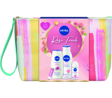 Nivea Rose Touch Fresh Rose Touch antiperspirant roll-on 50 ml + Rose & Almond Oil sprchový gél 250 ml + Rose Touch telové mlieko 400 ml + Labello Soft Rosé balzam na pery 4,8 g + kozmetická taštička, kozmetická sada pre ženy