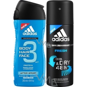 Adidas After Sport Fresh 3v1 sprchový gél na telo, vlasy a tvár pre mužov 250 ml + antiperspirant dezodorant sprej 150 ml, kozmetická sada