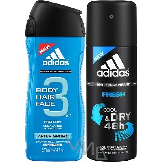 Adidas After Sport Fresh 3v1 sprchový gél na telo, vlasy a tvár pre mužov 250 ml + antiperspirant dezodorant sprej 150 ml, kozmetická sada